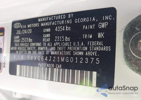 2021 Kia K5 Gt-Line z USA, uszkodzony, nr VIN 5XXG64J21MG012375